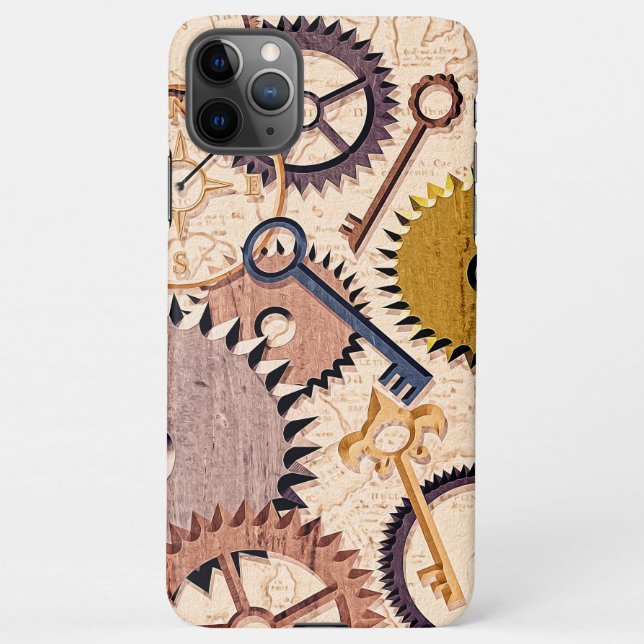 Steampunk Wheels, Gears, Keys, Old Map Oil Paint iPhone Case (Back)