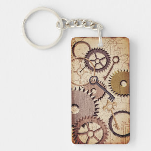 Steampunk Wheels, Gears, Keys, Old Map Oil Paint Key Ring