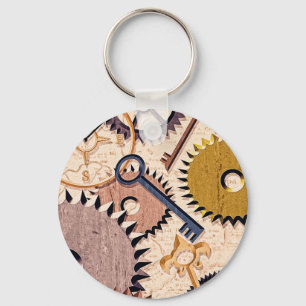 Steampunk Wheels, Gears, Keys, Old Map Oil Paint Key Ring