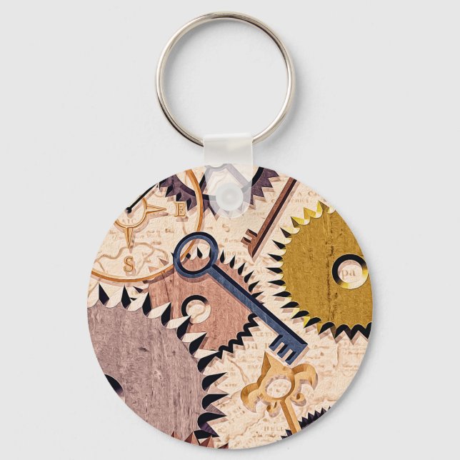 Steampunk Wheels, Gears, Keys, Old Map Oil Paint Key Ring (Front)