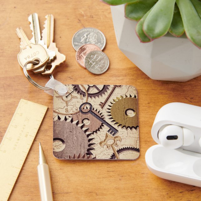 Steampunk Wheels, Gears, Keys, Old Map Oil Paint Key Ring (Desk)