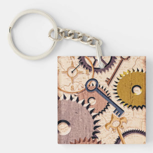 Steampunk Wheels, Gears, Keys, Old Map Oil Paint Key Ring