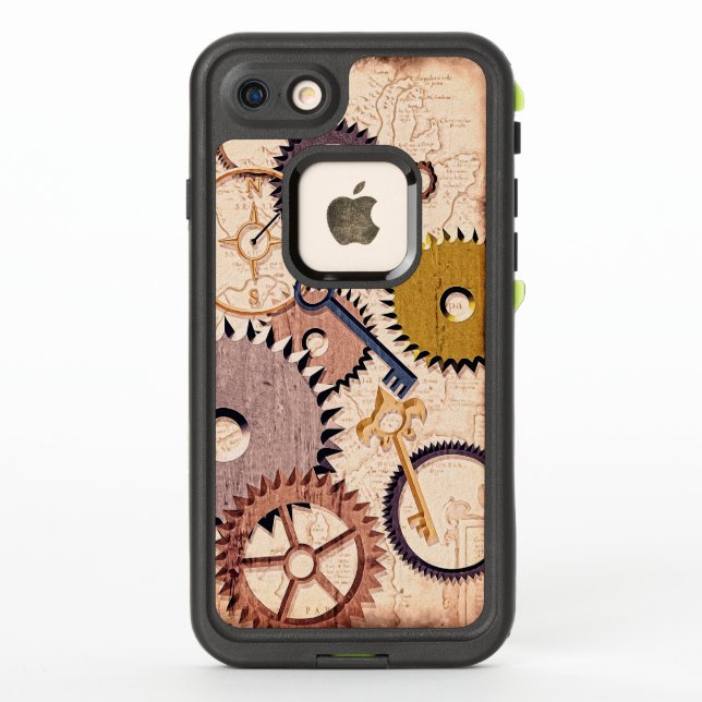 Steampunk Wheels, Gears, Keys, Old Map Oil Paint LifeProof iPhone Case (Back)