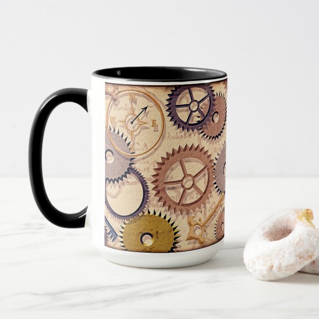 Steampunk Wheels, Gears, Keys, Old Map Oil Paint Mug (With Donut)