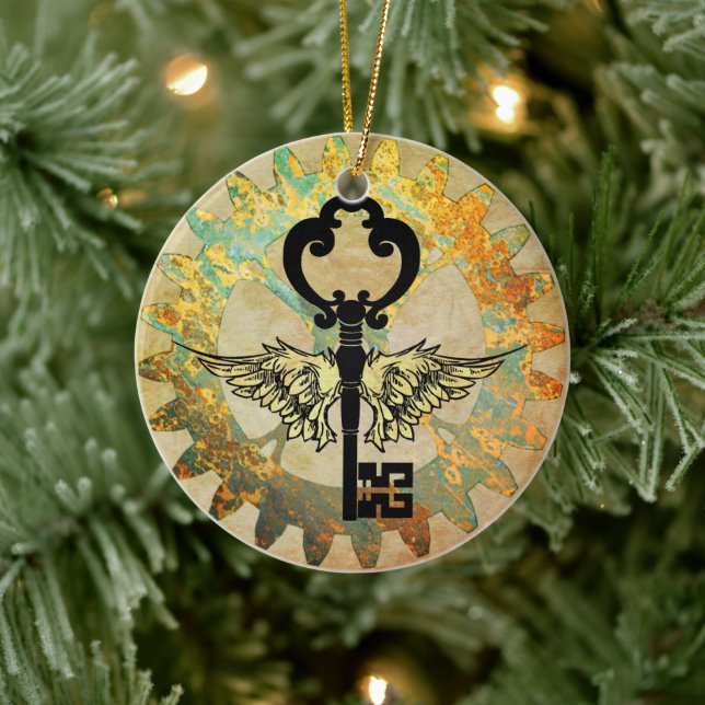 Steampunk Winged Key and Cog Wheel Ceramic Ornament (Tree)