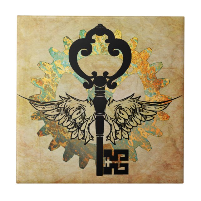 Steampunk Winged Key and Cog Wheel Ceramic Tile (Front)