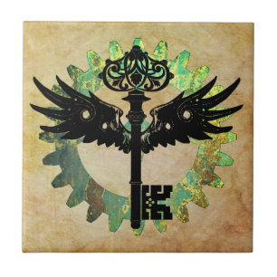 Steampunk Winged Key and Cog Wheel Ceramic Tile