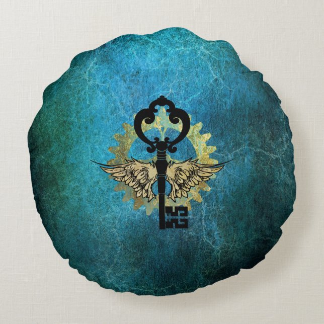 Steampunk Winged Key & Cog Wheel Design  Round Cushion (Back)