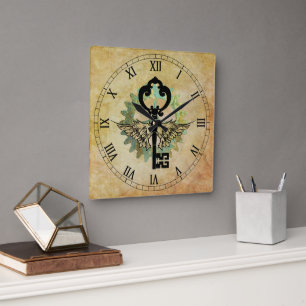 Steampunk Winged Key & Cog Wheel Square Wall Clock