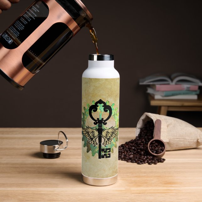 Steampunk Winged Key & Cog Wheel Water Bottle (Coffee)