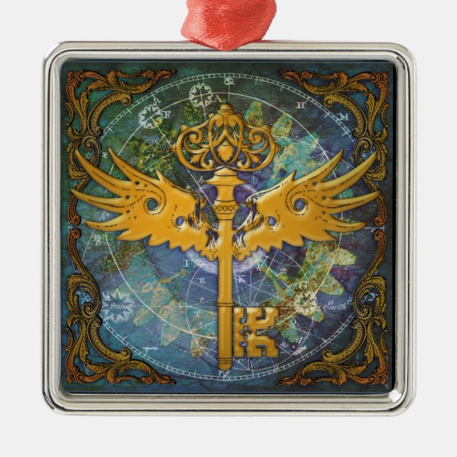 Steampunk Winged Key Metal Ornament (Front)