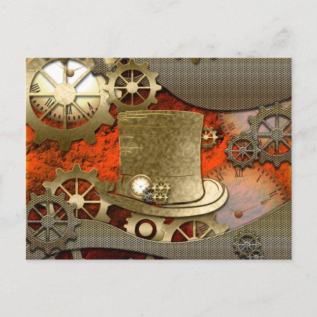 Steampunk witch hat clocks and gears postcard (Front)