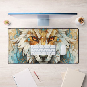 Steampunk Wolf Red and white Desk Mat