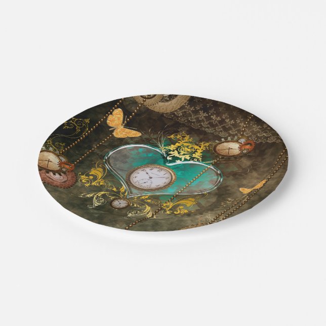 Steampunk, wonderful heart with clocks paper plate (Angled)