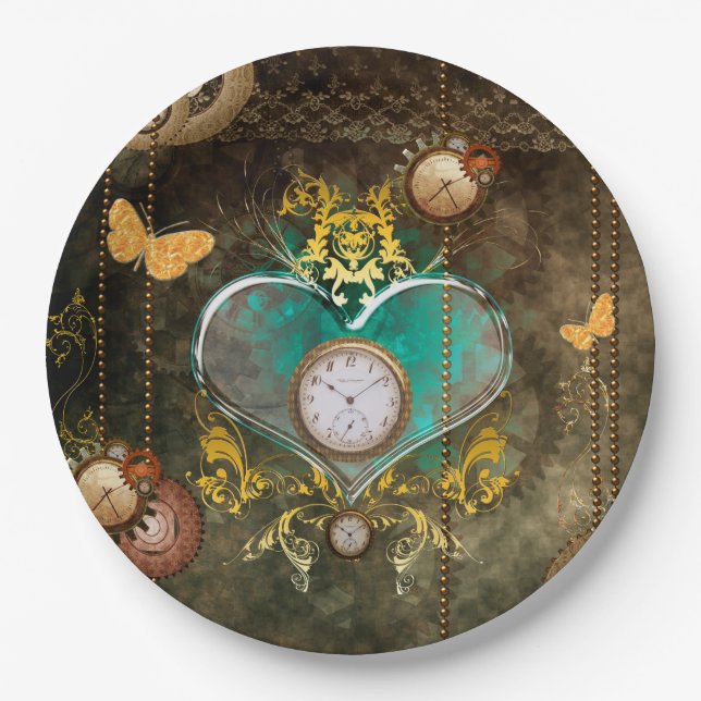 Steampunk, wonderful heart with clocks paper plate (Front)