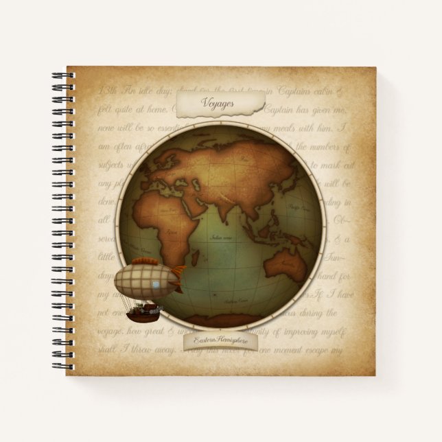 Steampunk World Hemispheres Map Aeronautical Atlas Notebook (Front)