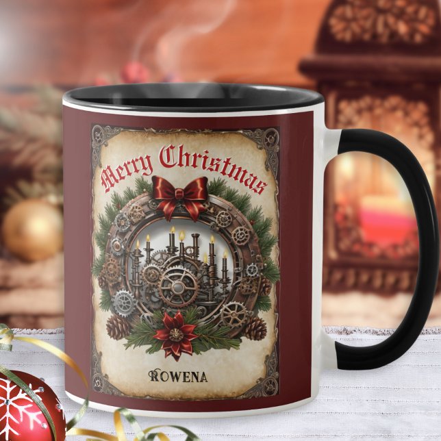 Steampunk Wreath Cogs Gears Christmas Personalised Mug (A personalized Christmas mug in Steampunk style, combining cogs and gears with a traditional wreath)