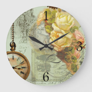 Steampunk & Yellow Roses in Green Large Clock