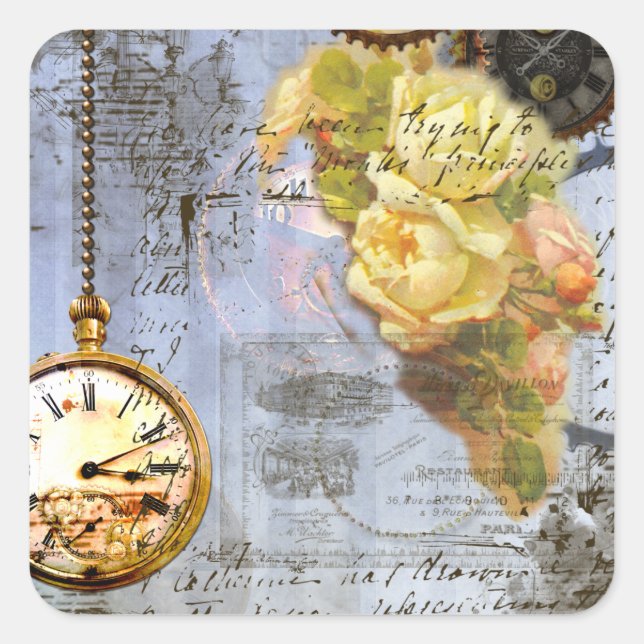 Steampunk & Yellow Roses Square Sticker (Front)