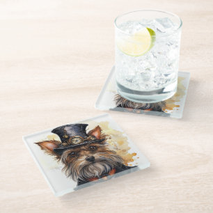 Steampunk Yorkshire Terrier Dog Glass Coaster