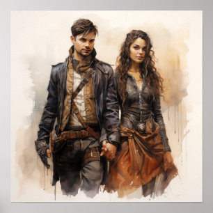 Steampunk Young Couple Retro Poster