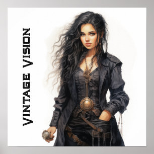 Steampunk Young Woman Retro Personalized Poster