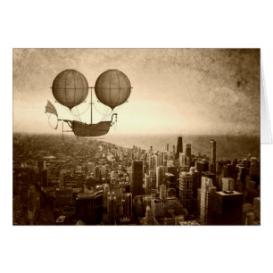 Steamship Airship Over Chicago Flat Card