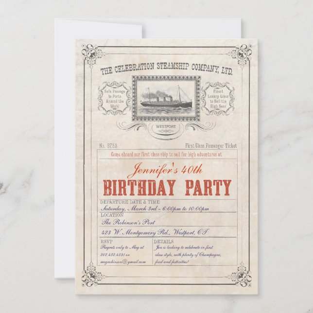 Steamship Cruise Ship Ticket  Invitation Birthday (Front)
