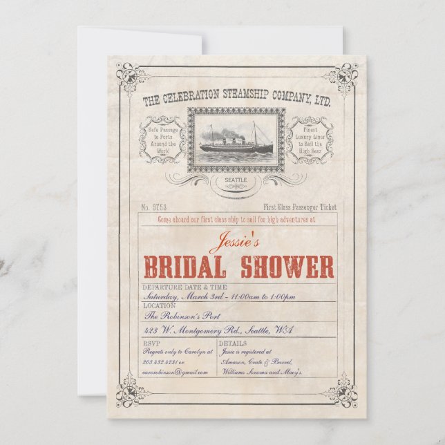 Steamship Cruise Ticket Invitation Bridal Shower (Front)