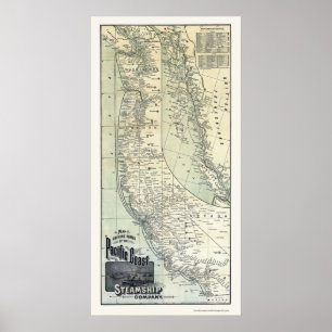 Steamship Routes Advertising Map 1891 Poster