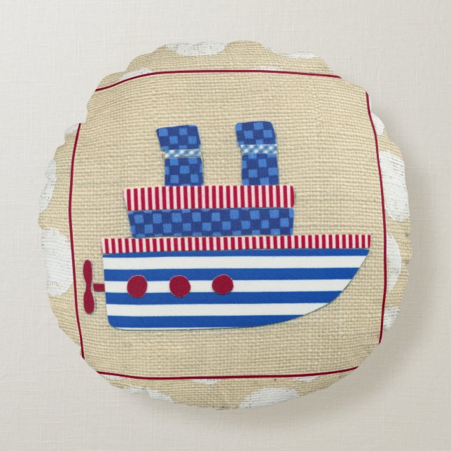 Steamship with Propeller and Blue Smokestacks Round Cushion (Front)