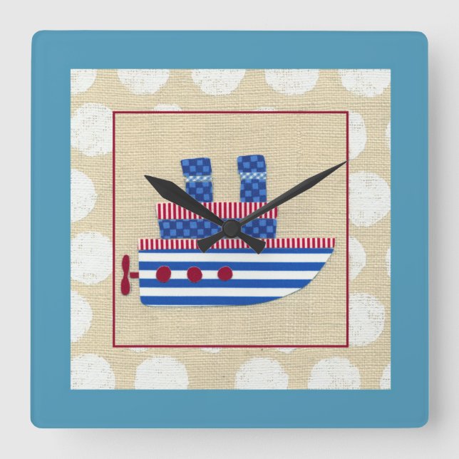 Steamship with Propeller and Blue Smokestacks Square Wall Clock (Front)