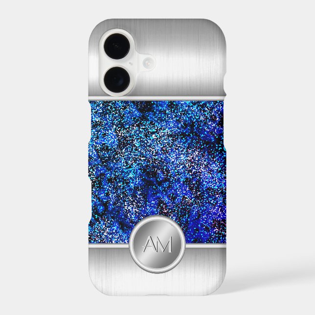 Steel and blue glitter monogram phone case (Back)