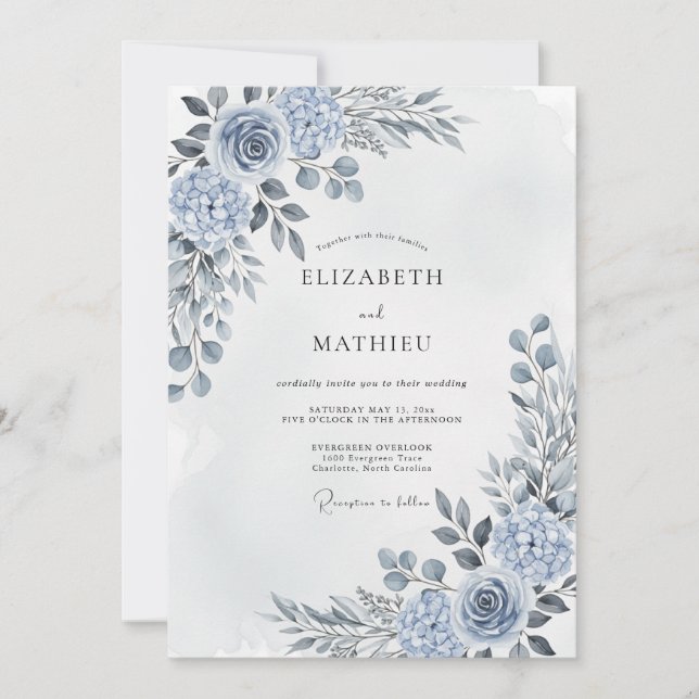 Steel Blue Artistic Floral Wedding Invitation (Front)