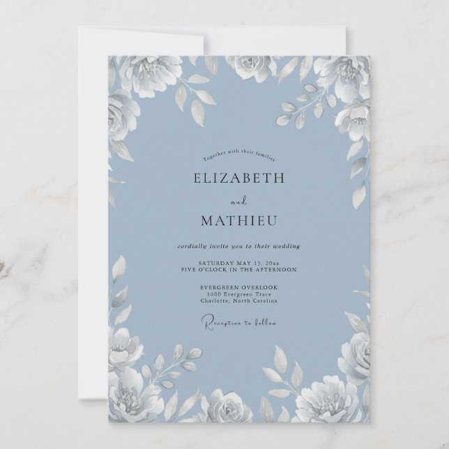 Steel Blue Bloom Wedding Invitation (Front)