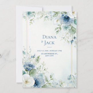 Steel Blue Botanical Rose Gold Double Frame Invitation