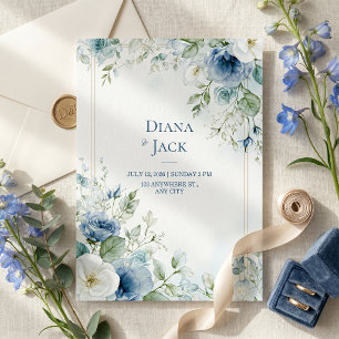Steel Blue Botanical Rose Gold Double Frame Invitation