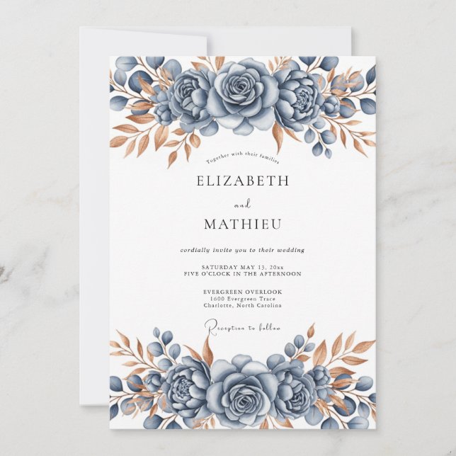 Steel Blue Bronze Botanical Wedding Invitation (Front)