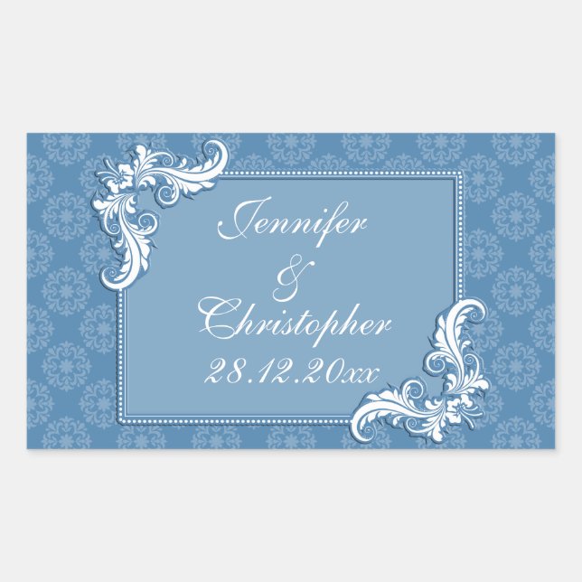 Steel Blue Damask and Floral Frame Wedding Rectangular Sticker (Front)