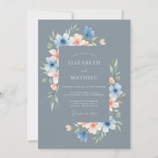 Steel Blue Delicate Floral Wedding Invitation (Front)
