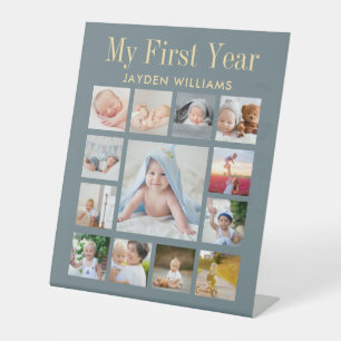 Steel Blue First Birthday Party Baby Photo Collage Pedestal Sign