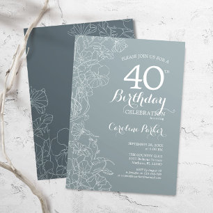 Steel Blue Floral 40th Birthday Party Invitation
