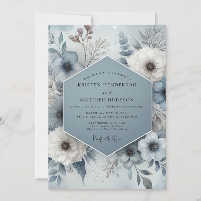 Steel Blue Frosted Bloom Wedding Invitation (Front)