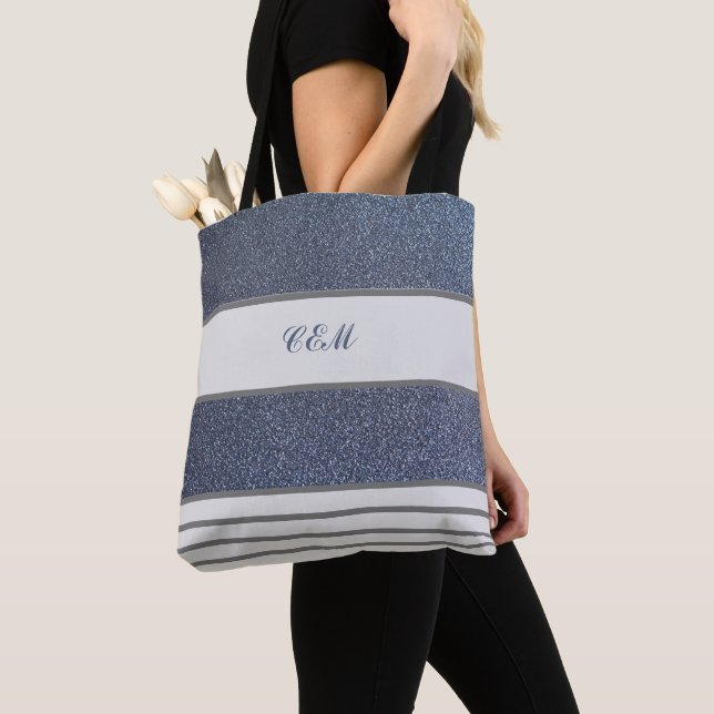 Steel Blue Glitter Monogrammed Tote Bag (Close Up)