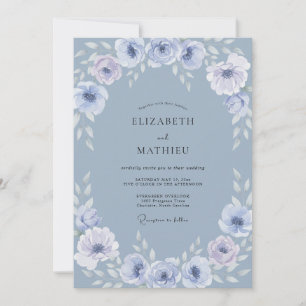 Steel Blue Graceful Botanical Wedding Invitation