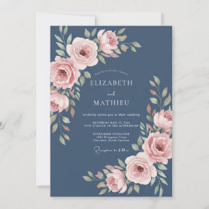 Steel Blue Graceful Rose Wedding Invitation