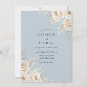 Steel Blue Ivory Leaf Wedding Invitation
