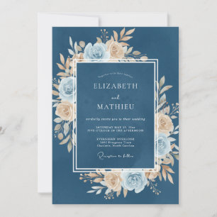 Steel Blue Lavish Floral Wedding Invitation