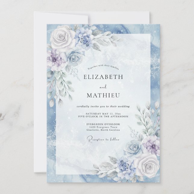 Steel Blue Luminous Winter Wedding Invitation (Front)