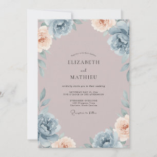 Steel Blue Mauve Floral Wedding Invitation